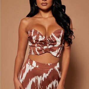 Brown and White Strapless Crop Top